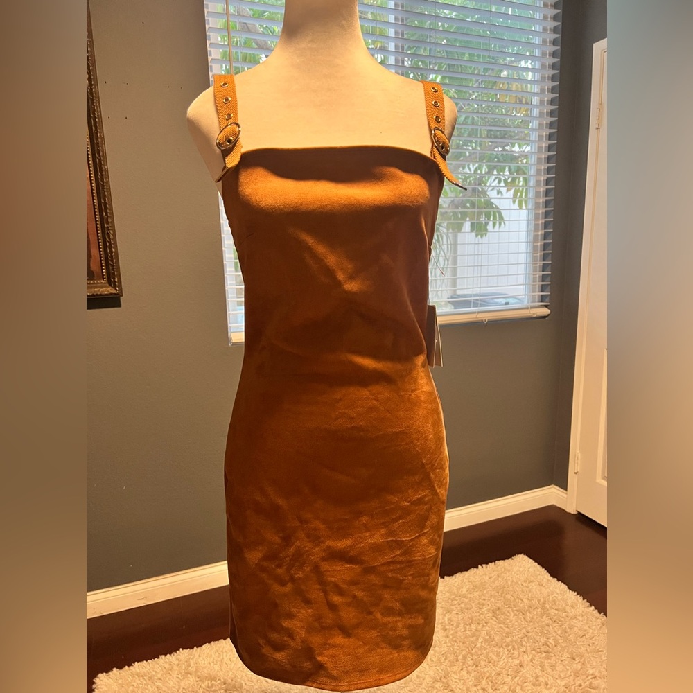 New Suede like Elegant Tan Mini Dress with Adjustable Straps